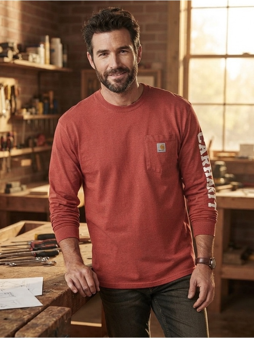 Carhartt Long Sleeve Pocket Tee in Brick Red with White Sleeve Logo